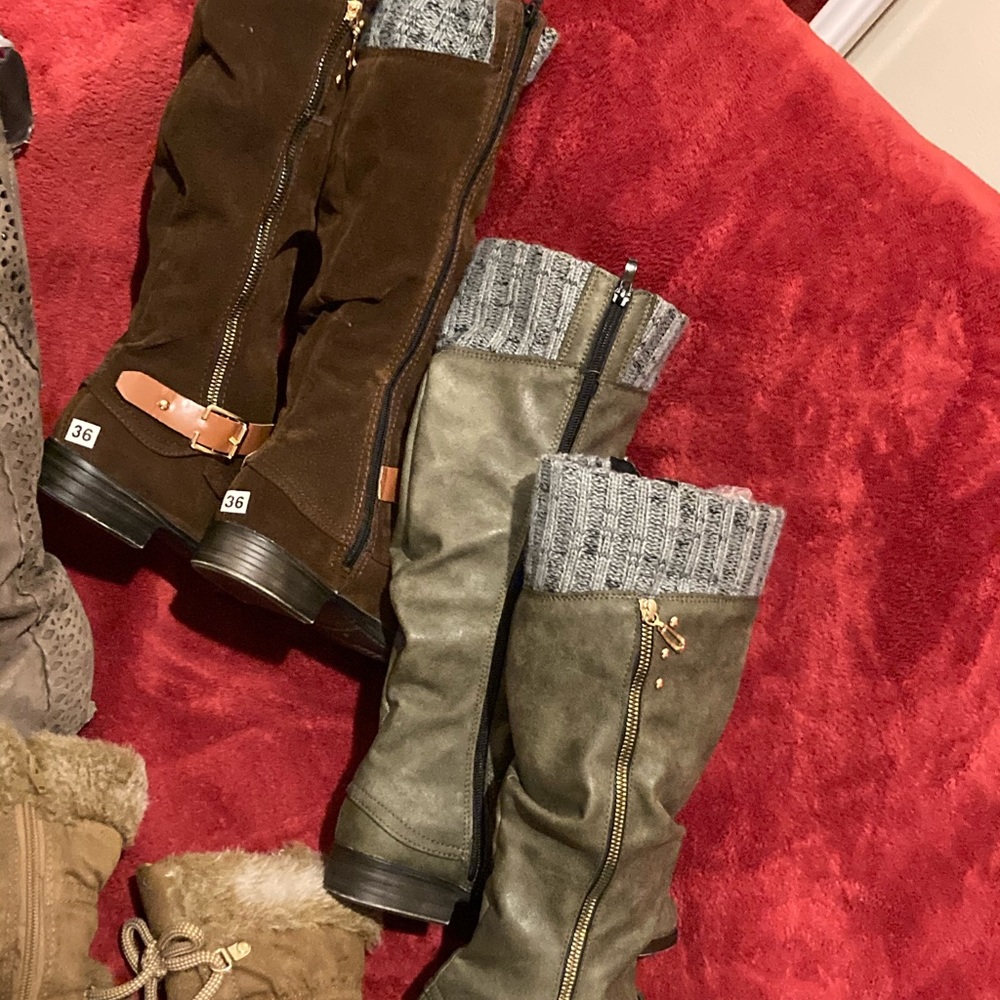 Brown and forest green boots with storage! Size 5! $45 for both!